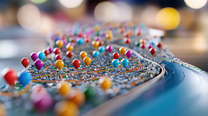 Colorful pins dot detailed city map as river winds through miniature model with blurred urban background