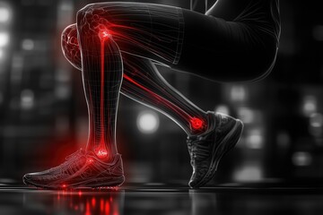 Illustration showcasing human leg biomechanics with highlighted joints representing modern technology and anatomy concepts.