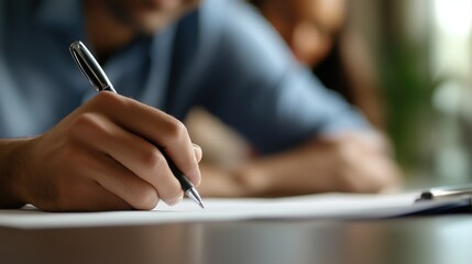 A detailed close-up of a person writing on paper, capturing the sense of focus and productivity in a serene environment.