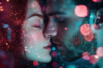 Dreamy Couple's Kiss: A Captivating Close-Up of Love and Intimacy, Embellished with Soft Lighting and Ethereal Colors