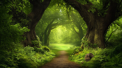 Mystical magic fairy forest, light coming through trees