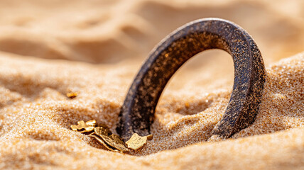 Metal ring partially buried in golden sand Close-up