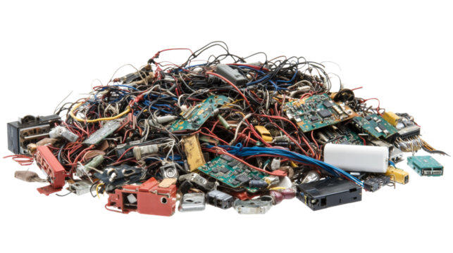 Pile of electrical trash including old circuit boards, isolated on transparent background