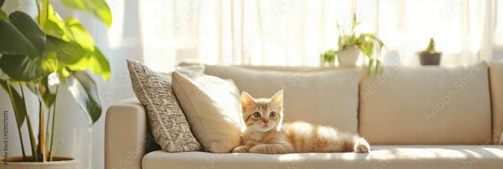 Poster kitten enjoys playtime in a bright living room with sunlight streaming through the window. generativ