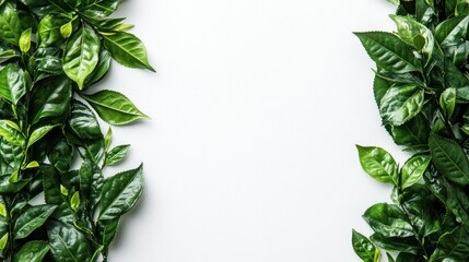 Vibrant Green Tea Leaves Frame on White Background