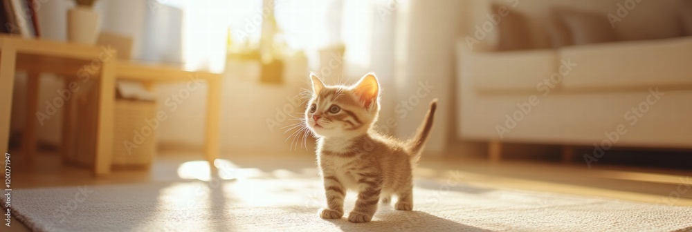 Poster kitten joyfully exploring a sunny living room filled with warmth and playfulness during daytime hour