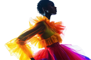 Colorful fashion portrait featuring a model with vibrant clothing and striking accessories in a minimalist setup