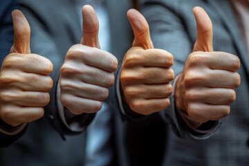 Business professionals, with hands and thumbs raised in approval, celebrate support, success, and teamwork in the office. A group or circle of workers, with like gestures, signify a good job,