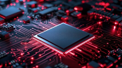 Close-up of Circuit Board with Glowing Red Lights and Central Processing Unit on a Black Background