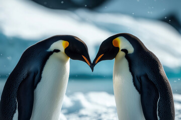 Fototapeta premium Tender Moment: Emperor Penguins in Love in Icy Paradise. Captivating Close-Up of Antarctic Wildlife. Perfect for Nature Lovers and Animal Enthusiasts.