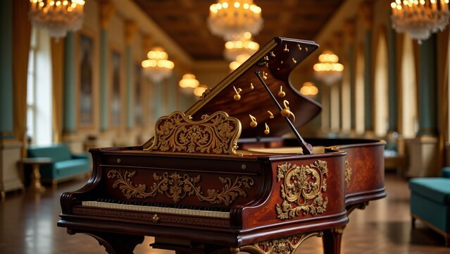 A grand harpsichord surrounded by floating Baroque notes, set against a blurred, opulent palace. The intricate notes and grand atmosphere capture the elegance and complexity of Baroque music in royal 