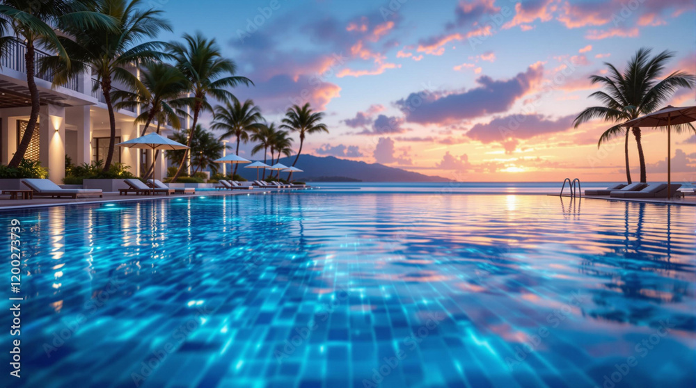 Poster luxurious outdoor pool with palm trees and a stunning sunset in the background, creating a serene an