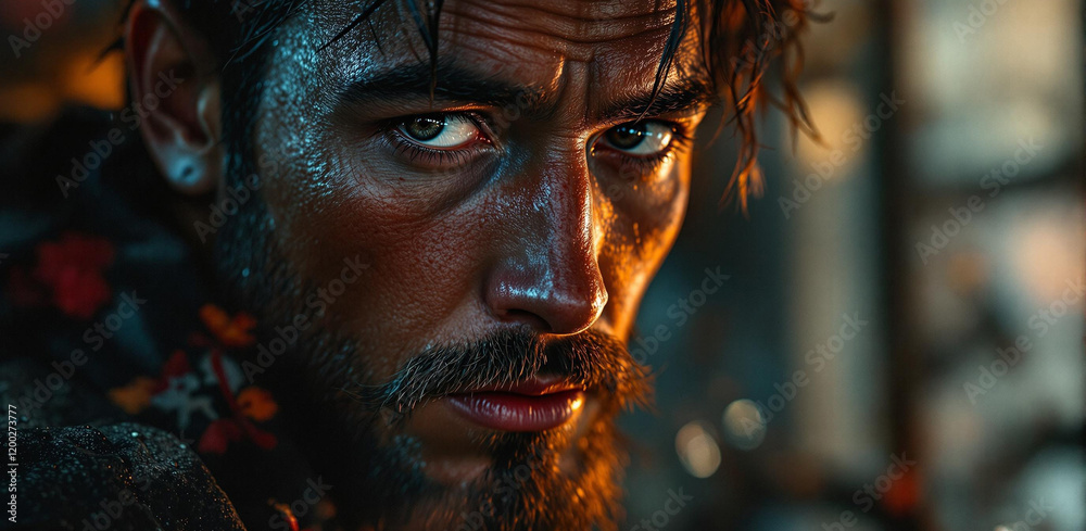 Poster a close-up of a person with a intense expression, looking directly at the camera. the person has a b