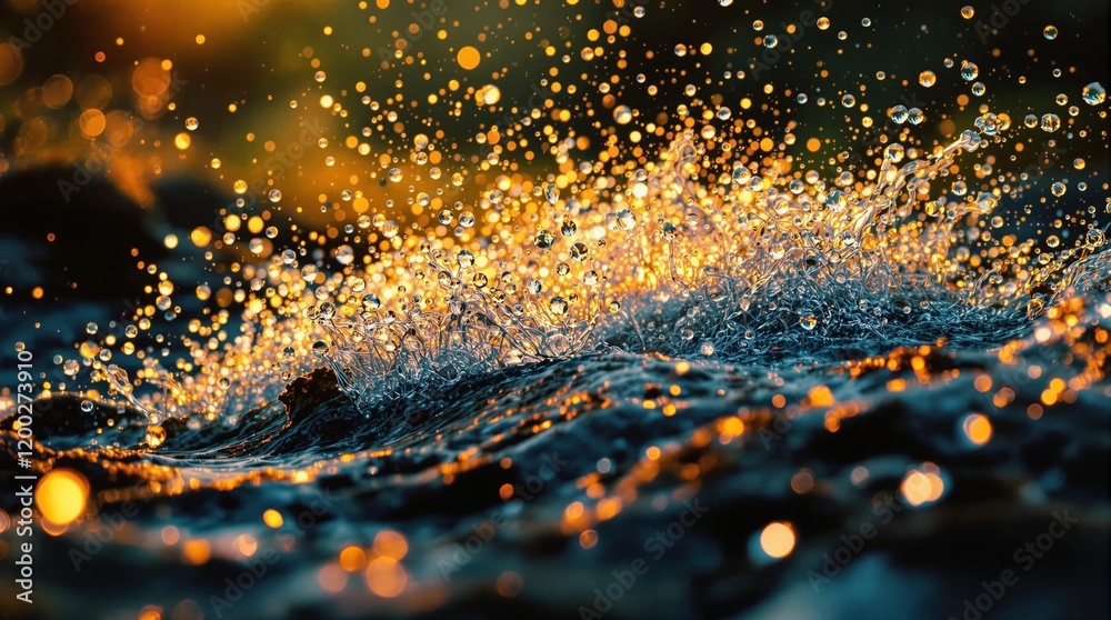 Aufkleber a close-up photograph of a splash of water, with droplets illuminated by a warm, golden light, creating a sparkling effect. The background is out of focus, emphasizing the splash and creating a bokeh 