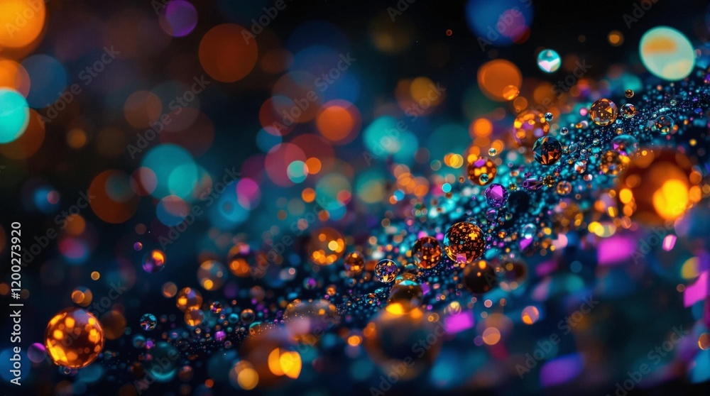 Poster colorful background with various light effects, creating a vibrant and dynamic visual experience. The overall color scheme is rich and varied, featuring shades of blue, orange, and purple, adding to t