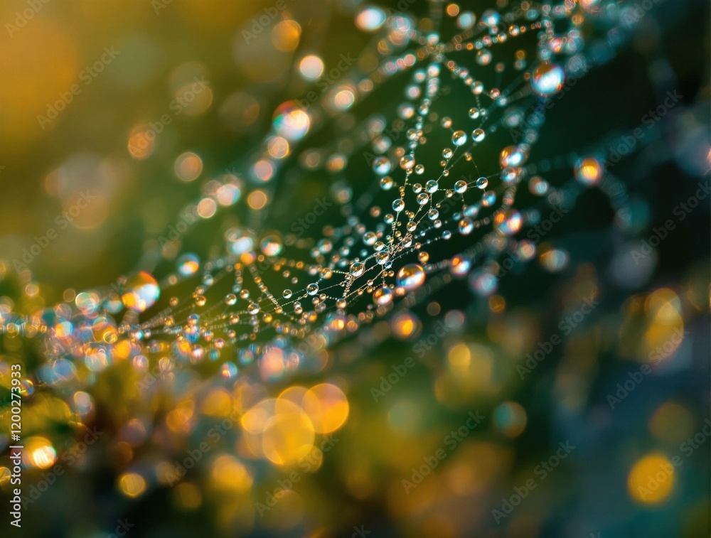 Poster a close-up of a spider web, covered in glistening dew drops against a blurred background with orange