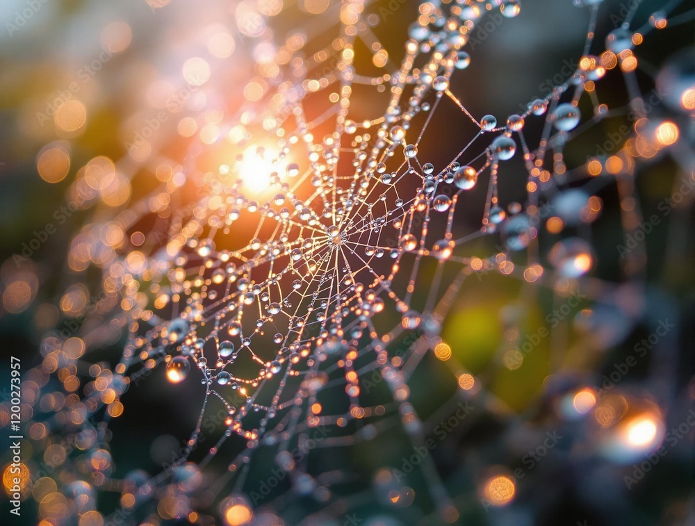 Aufkleber spider web with dew drops glistening on it, illuminated by sunlight, creating a beautiful bokeh effect in the background.