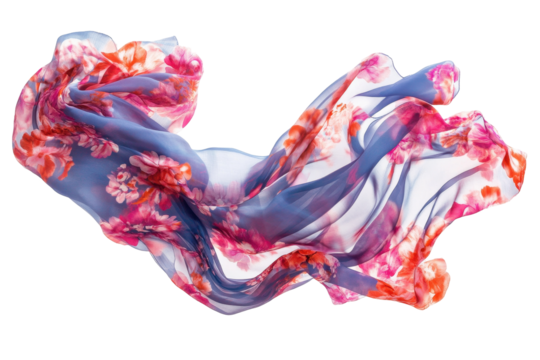 Beautiful floral patterned silk scarf draped gracefully on a white background with soft, flowing fabric