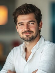 Obraz premium Young man smiles confidently in casual white shirt, showcasing relaxed atmosphere and engaging personality during a candid moment. Generative AI