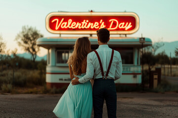 Vintage Valentine's Day Romance: Couple Gazing at Neon Sign, Embracing Love's Timeless Charm