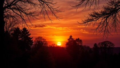 Fototapeta premium Dramatic silhouetted trees against vibrant orange sunset sky