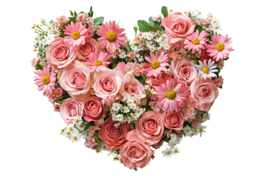 Colorful heart shape arrangement of roses and daisies created for a romantic occasion isolated on transparent background