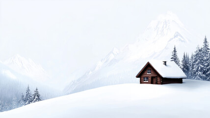Isolated wooden cabin on snowy mountain with pine trees