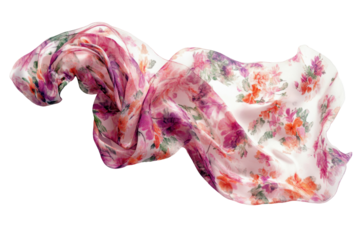 Beautiful floral patterned silk scarf draped gracefully on a white background with soft, flowing fabric