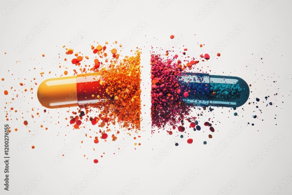 Poster Colorful particles burst from a split capsule creating a vibrant display of hues and textures. Generative AI