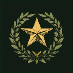 Golden star emblem with laurel leaves on dark background