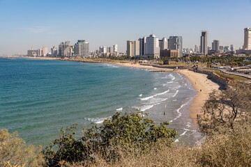 Frishman Beach on the Mediterranean Sea in Tel Aviv, Israel , Surf, Sand and Modern High Rise Buildings