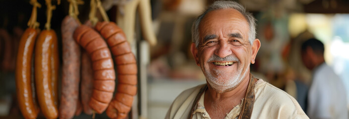 senior man stands in his butcher's shop with sausages hanging in the background.