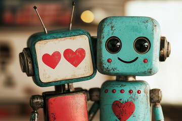 Two vintage robots, adorned with hearts, display a heartwarming connection. This charming illustration captures the essence of love and companionship in a retro-futuristic style.