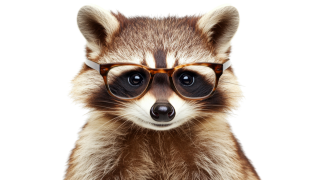 Raccoon wearing glasses, isolated on transparent background