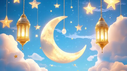 Golden Lanterns Stars and Crescent Moon Night Scene