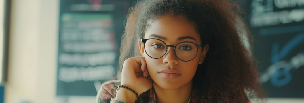 Young biracial female teacher teaches geometry in a  high school classroom
