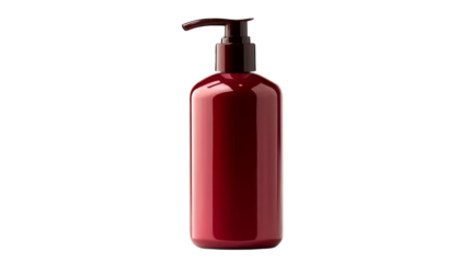 Red shampoo bottle with pump dispenser elegant design, isolated on transparent background