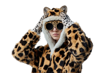 Model showcases unique leopard print hoodie with animal hood and sunglasses against a clean, minimalistic background
