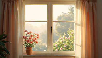 View of Blooming Spring Garden Through a Window