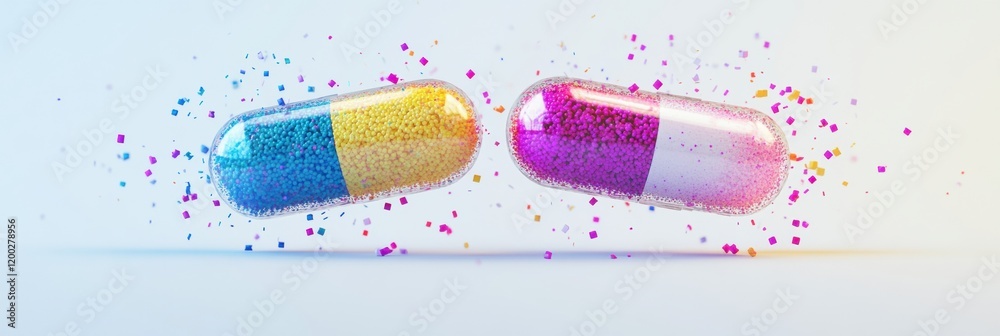 Poster colorful particles spill from a split capsule revealing vibrant contents in a clean setting. generat