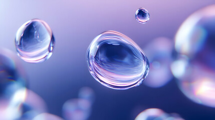 Translucent water droplets float against a soft gradient background, creating a serene and calming atmosphere, symbolizing purity and freshness.