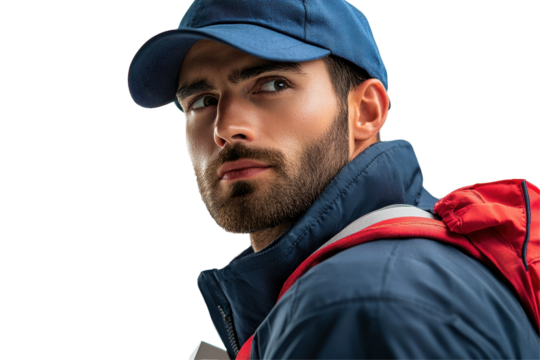 Delivery person carries cardboard boxes and uses a backpack on a white background in a professional setting