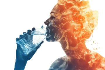 Silhouette of a person drinking water from a transparent bottle against a bright white background