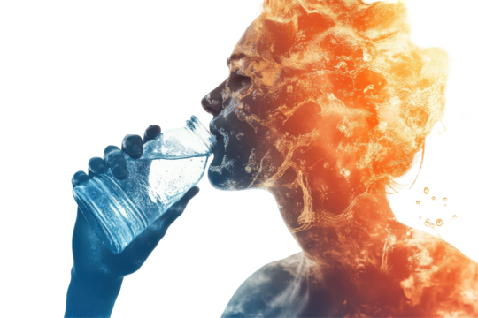 Silhouette of a person drinking water from a transparent bottle against a bright white background