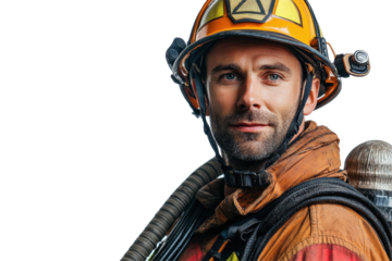 Firefighter stands confidently with fire hose on a rainy day, showcasing dedication and bravery while preparing for an emergency response