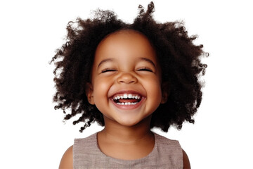 Cheerful child with long wavy hair smiling brightly against a transparent background