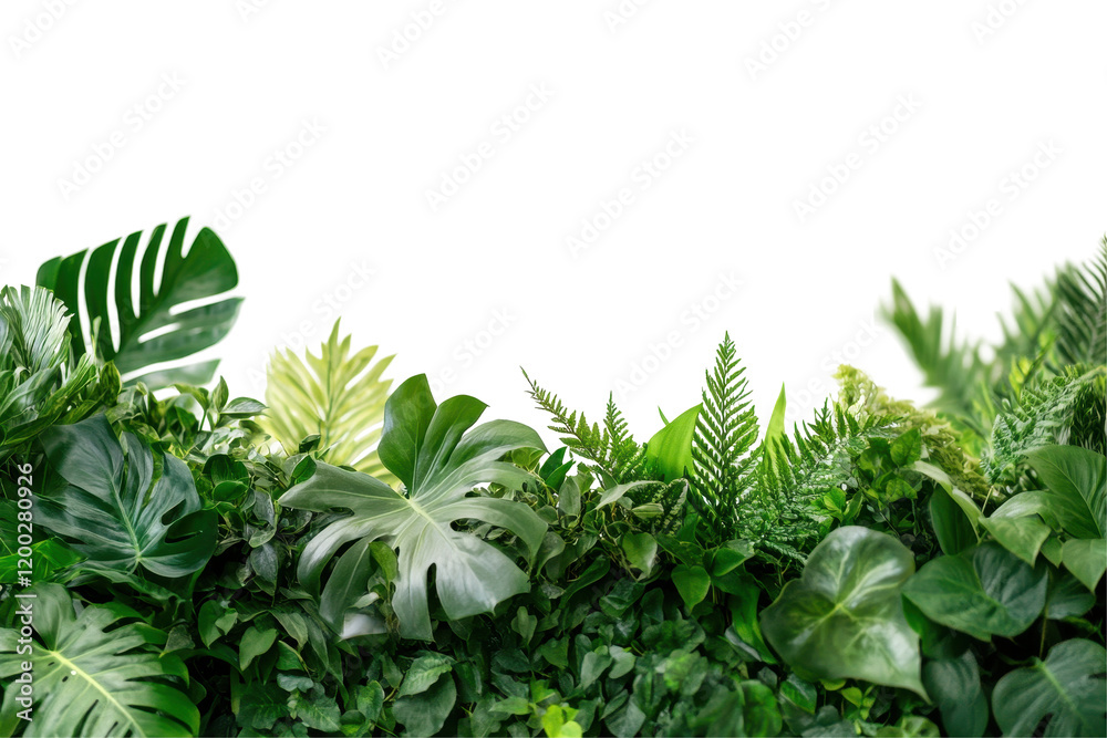 Poster vibrant green foliage arrangement with various leaves and ferns set against a transparent background