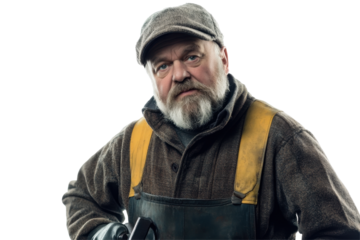 Portrait of a rugged man holding a knife with a fierce expression and dirt-covered clothing on a pure white background