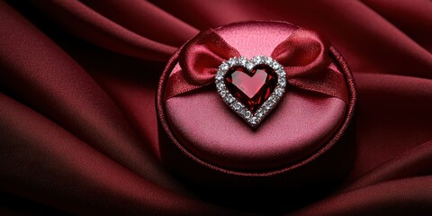 Fototapeta premium A stunning heart-shaped diamond ring nestled in a luxurious red box, resting on a rich red satin background, perfect for expressing love on Valentine's Day.