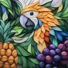 Obraz premium Vibrant Tropical Parrot Surrounded by Colorful Fruits and Leaves